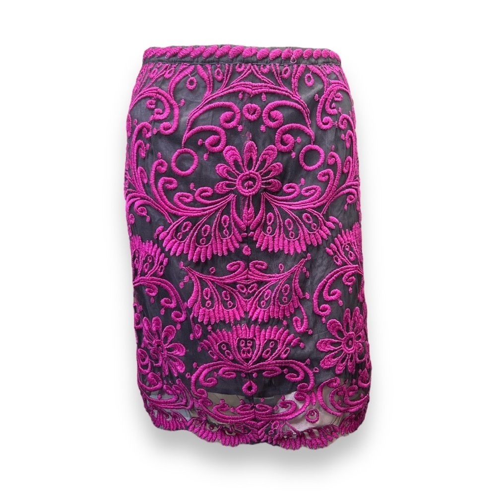 Anthropologie Pink and Black Embroidered Pencil Skirt